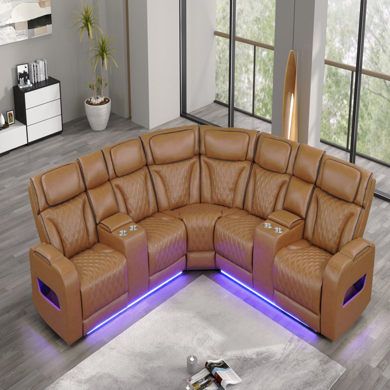 Canapé modulaire inclinable électrique 116 po en cuir brun clair avec repose-tête électrique, haut-parleurs Bluetooth, lumières à DEL, ports USB et USB-C, rangement et porte-gobelets
