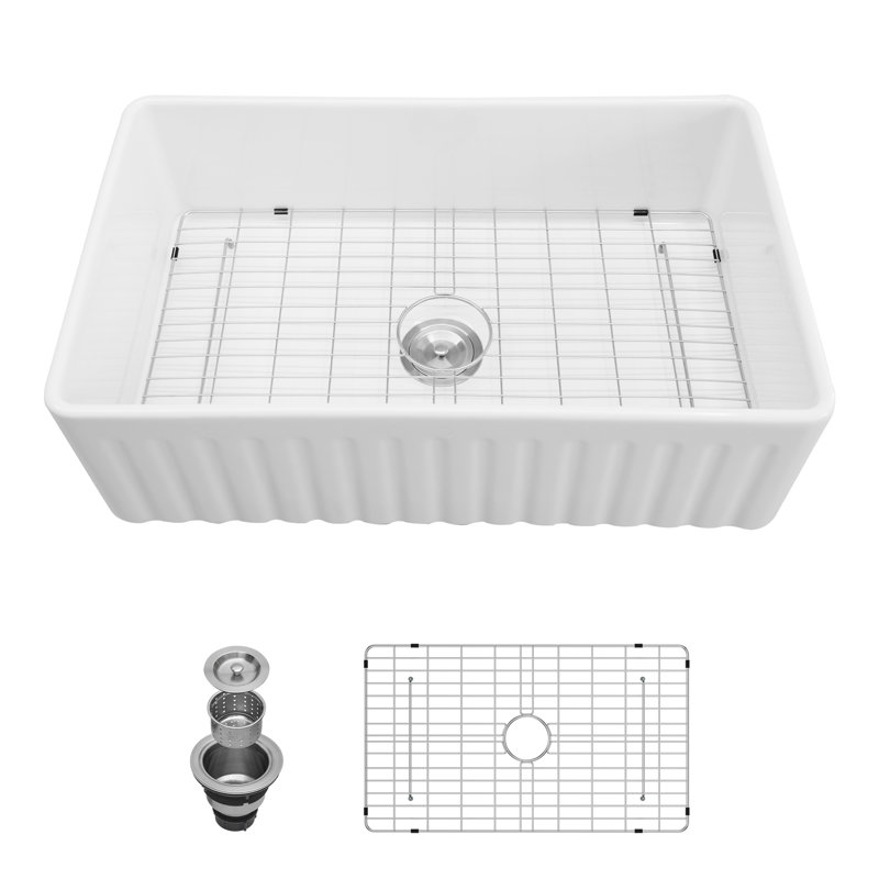 36'' L x 20'' W Ceramic Farmhouse Kitchen Sink Reversible Single Bowl Kitchen Sink with Sink Grid and Strainer