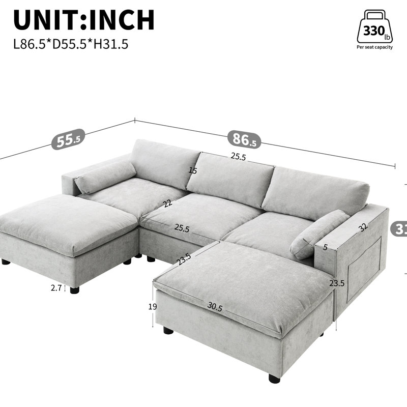 Canapé modulaire en U à 5 places en chenille avec poches de rangement, 2 repose-pieds mobiles, rangement de style salon, moderne, doux et merveilleux