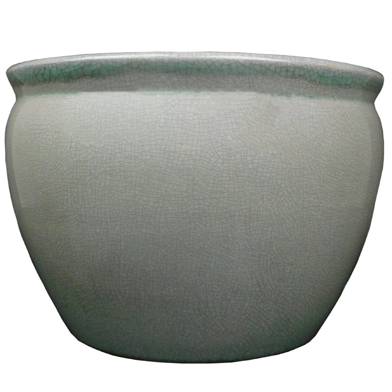 Chinese Porcelain Fish Bowl Planters in Celadon Crackle, 8" H x 10" W x 10" D, Green/White