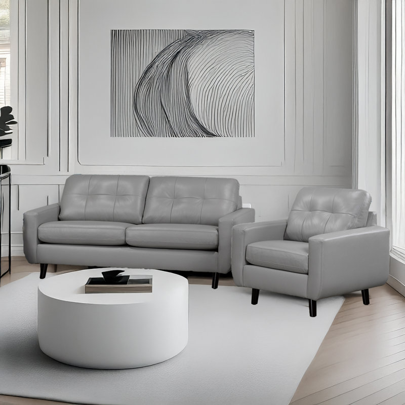 Tiena Leather Sofa & Chair Set, Gray