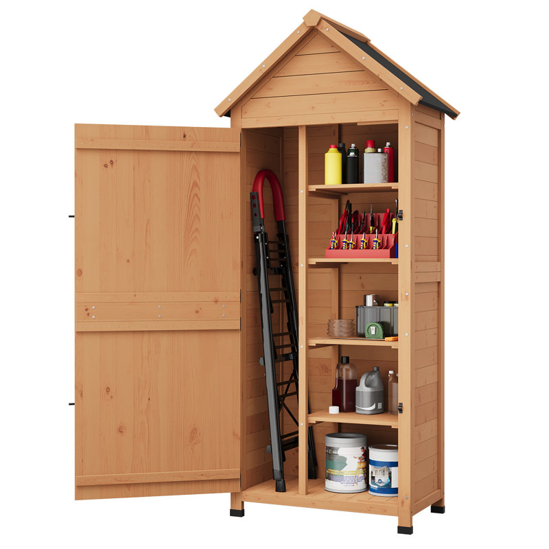 Small Waterproof Wood Storage Shed with Shelves, Lockable Door Outdoor Garden Tool Cabinet for Patio Backyard Balcony, Natural