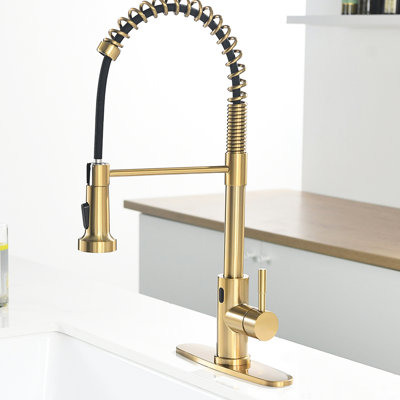 Hands Automatic Smart Faucet - Touchless With Modern Pull Down In Brushed Gold For Convenient Kitchen Use Stainless Steel 2-Inch Sensing Distance &