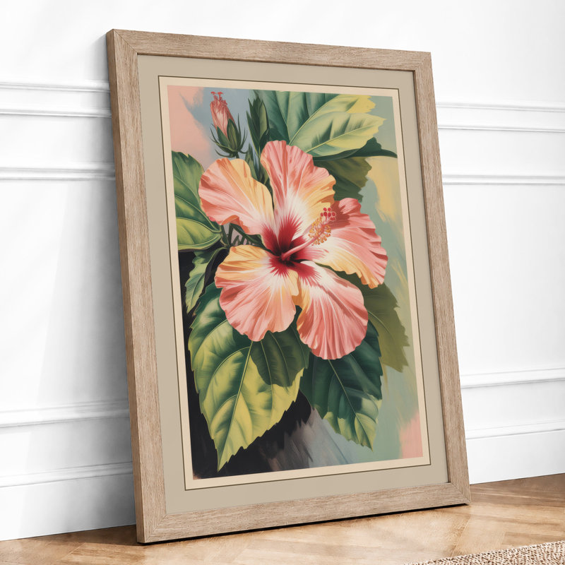 Hibiscus in Bloom Botanical - Framed Print, A4 - 29.7 x 21.0 cm, Oak
