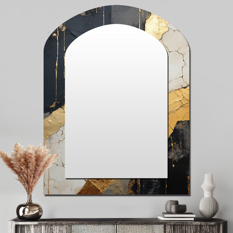 «Black Gold Adorned Poteries V», miroir mural décoratif à spirales abstraites asymétriques, 43 po x 33 po