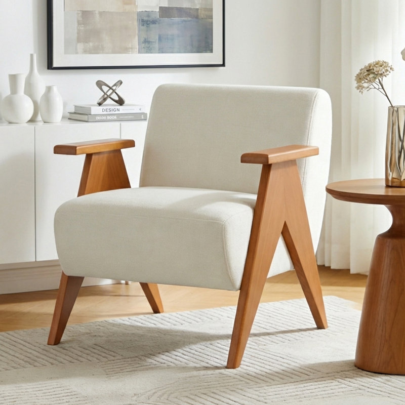 28"W Upholstered Arm Chair with Wood Legs, Beige