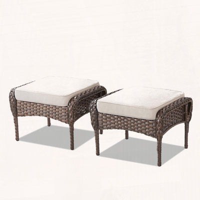 Outdoor PE Wicker Ottoman Set of 2 with Plush Cushions