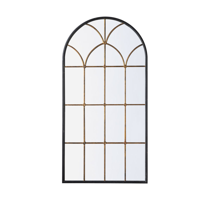 34X65.5" Arched Full-Length Mirror With Black And Gold Windowpane Design, 65.5" x 34"