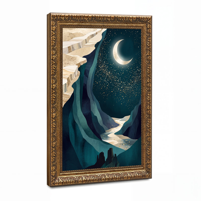 Art mural sur toile Teal Canyon River Under Crescent Moon And Gold Stars, 24"H x 16"W