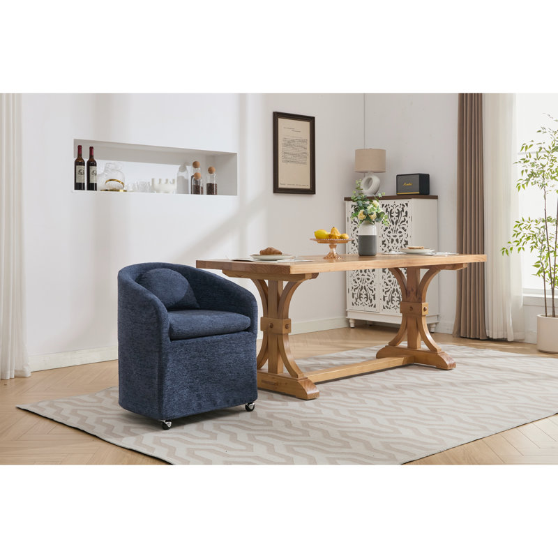 Chaise de salle à manger rembourrée en chenille bleue avec dossier confortable et rotation de 29,75 po Hauteur des roulettes du fauteuil en tissu,