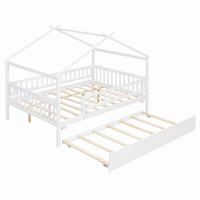 Wooden House Bed With Trundle, White
