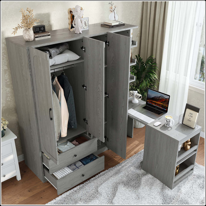 Armoire multifonctionnelle avec bureau convertible, tringle et tiroirs