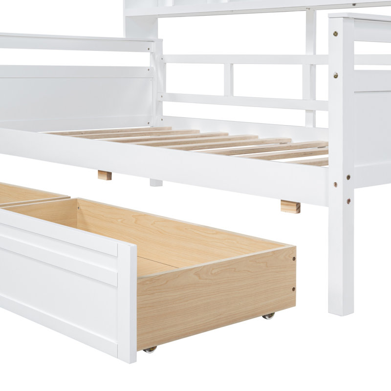 Lit de jour simple, support en lattes de bois, avec tablettes de chevet et deux tiroirs, blanc