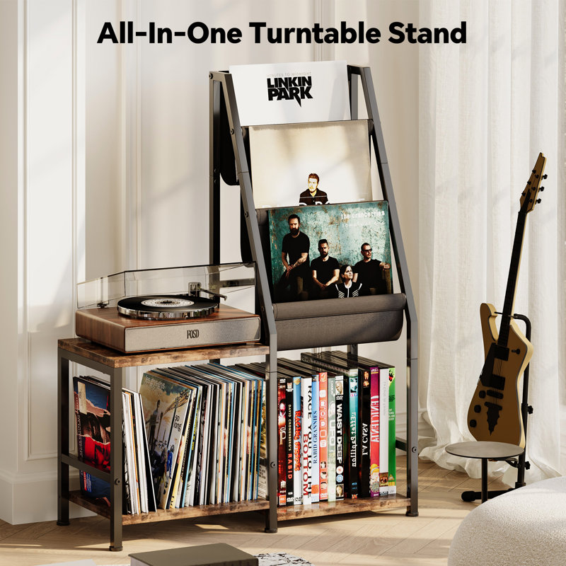 Record Player Stand with Vinyl Record Storage, 3-in-1 Record Cabinet & Turntable Stand, Fits 200 Albums, Vintage Media Storage Organizer, Rustic Brown