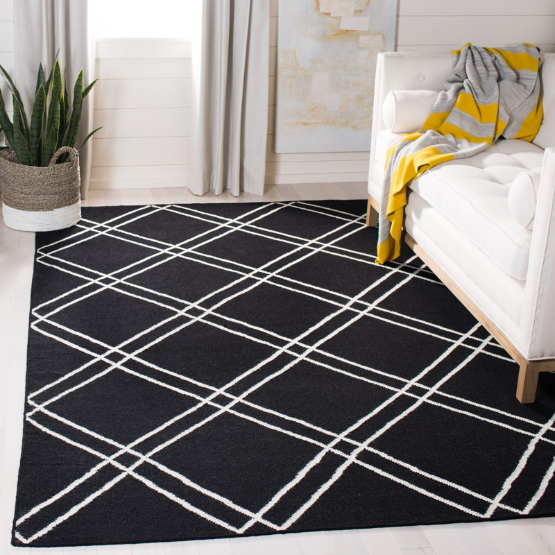 Rodgers Hand Woven Flat Weave Wool/Cotton Geometric Rug in Black/Ivory, Rectangle 9' x 12'