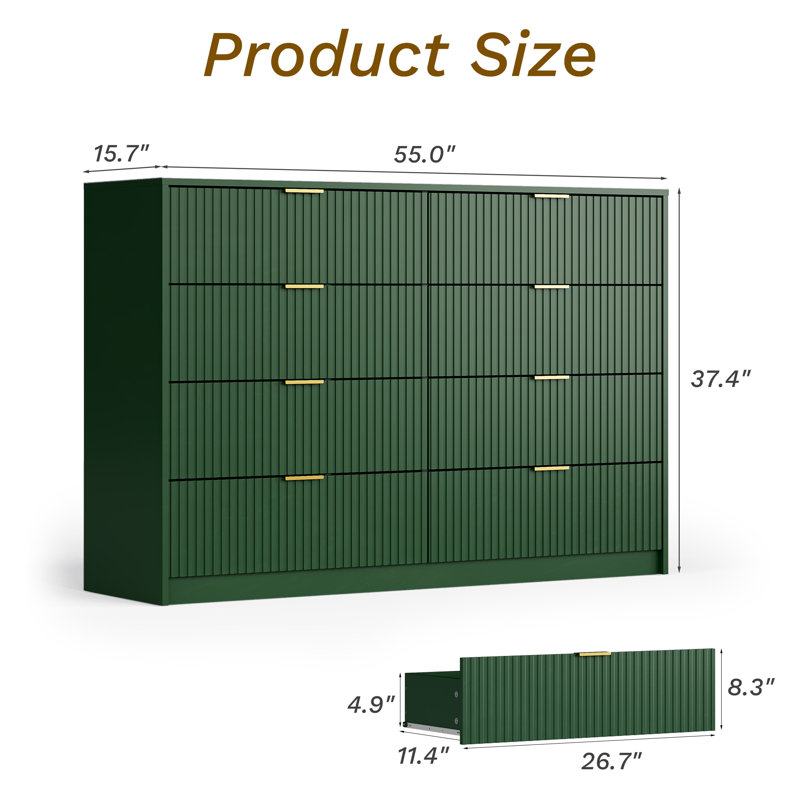 8-Drawer Double Dresser, 55" W, Green
