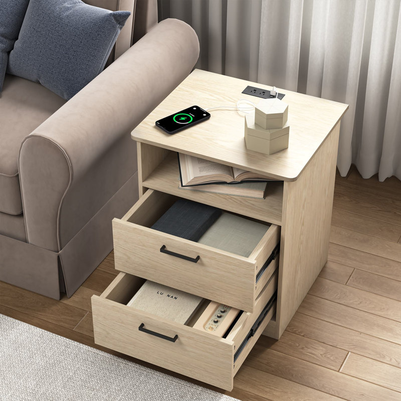 2 Drawers Nightstand With Charging Station, Beige