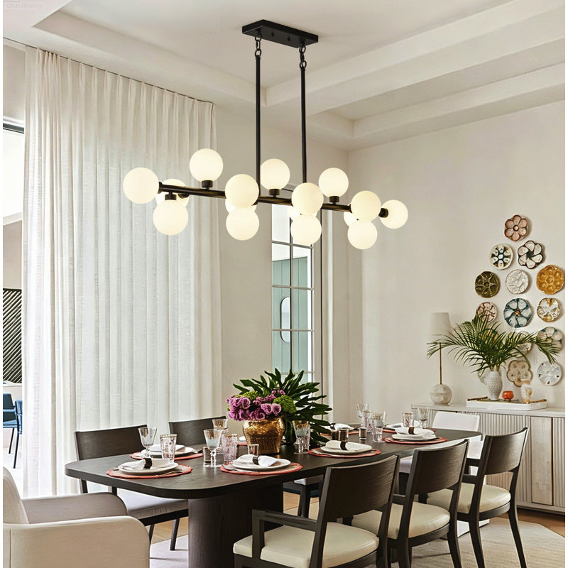 Luminaire suspendu en verre opale moderne à 16 lumières pour salle à manger de style campagnard noir mat, Noir mat