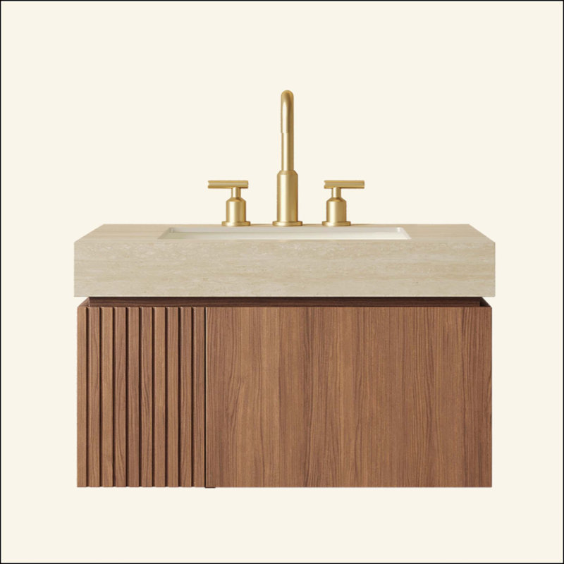 Meuble-lavabo de salle de bain, meuble de rangement flottant en contreplaqué avec tiroir et porte, comptoir en pierre frittée Roma Travertine et lavabo en céramique avec 3 trous de robinet pré-percés, pré-assemblé