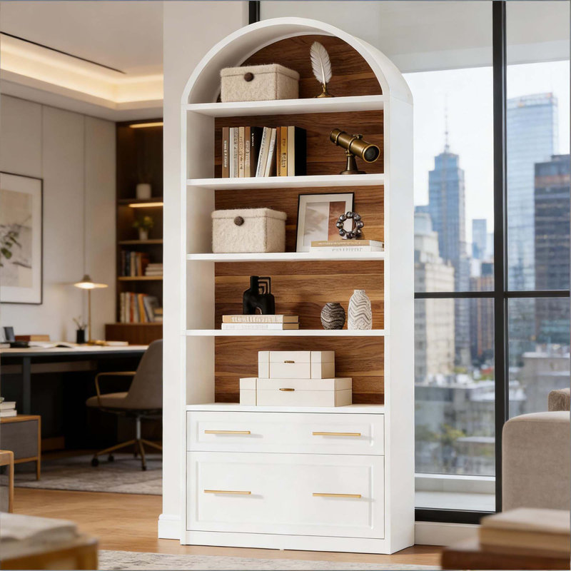 Utilitarian Design Arched Bookcase Two-Tone Sturdy Anti-tip Bookshelf, White