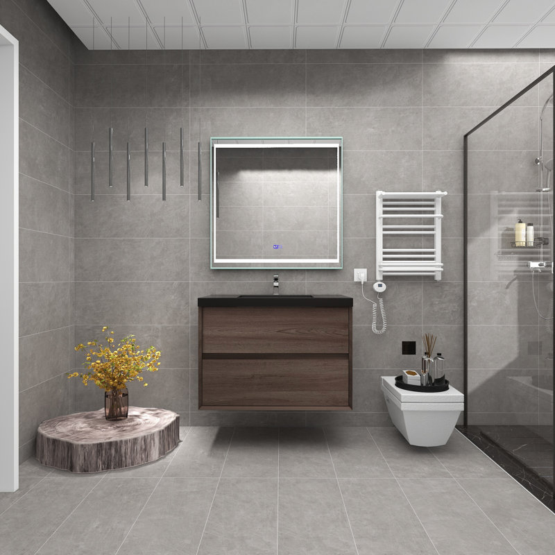 36" Wall-Mounted Single Bathroom Vanity Set, Red Oak
