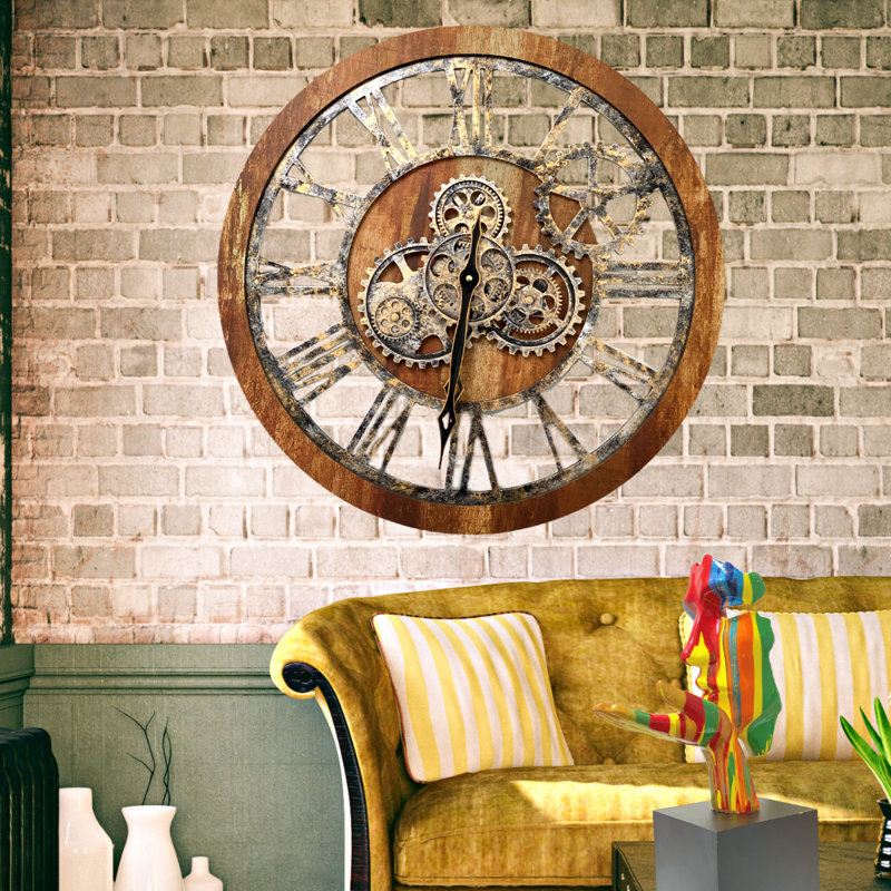 24" Rustic Industrial Oversized Wall Clock with Moving Gears