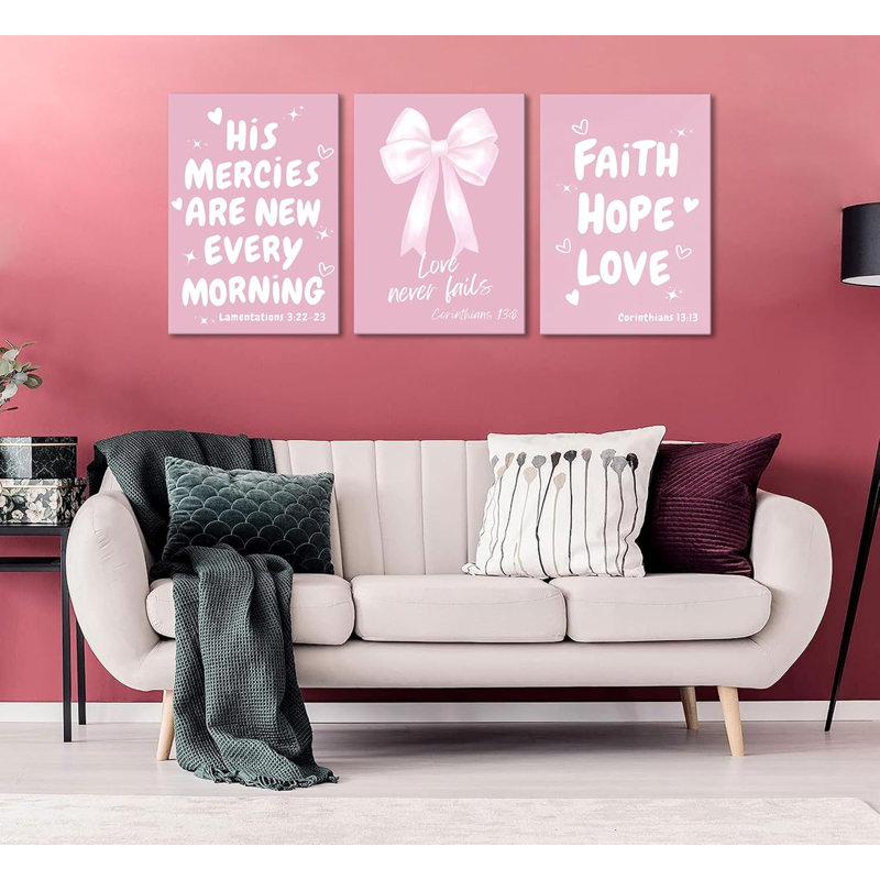 3Pcs Bow Verse Bible Scripture Canvas Wall Art Pink Trendy Coquette Christian College Style Wall Decor Pictures Inspiring Bible Verses Posters Prints For Bedroom Living Room Prepared To Hang
