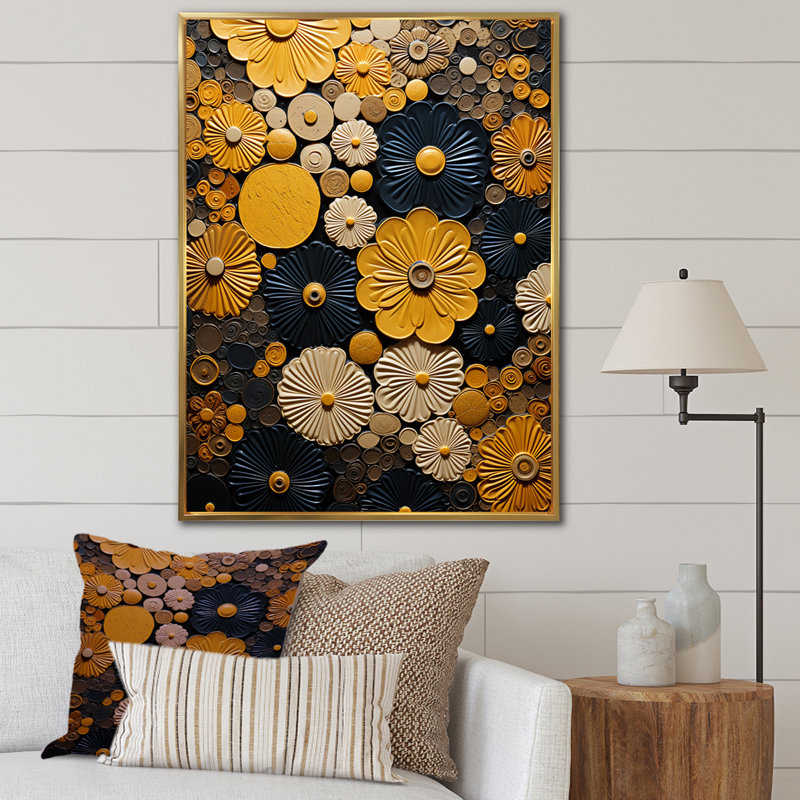 Fleurs jaunes, poterie sur toile, H 20 po x l 12 po x P 1 po, Cadre flottant doré
