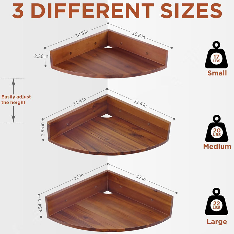 Corner Shelf Wall Mount Set of 3, Solid Acacia Wood Round Floating Corner Shelves