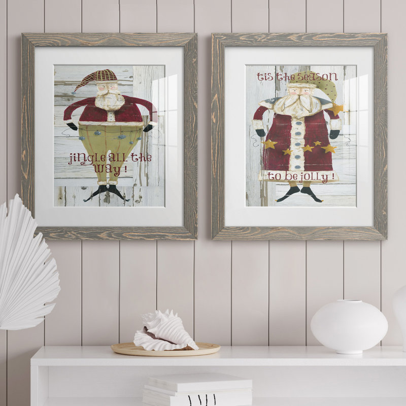 Jingle Santa - ensemble de 2 reproductions, H 20 po x l 17 po x P 1 po, Cadre en papier gris, Blanc