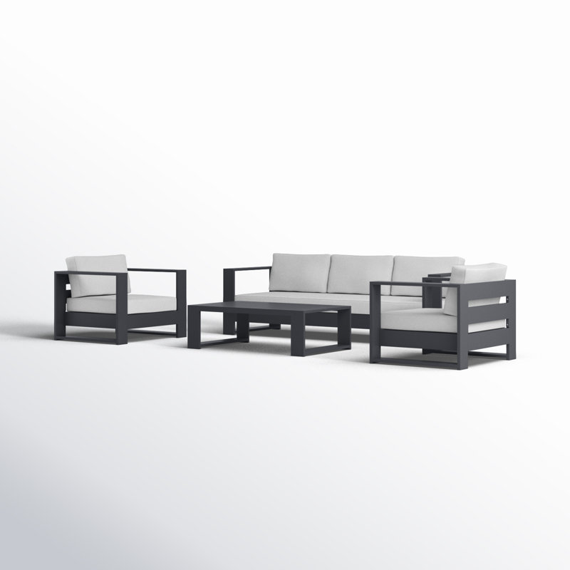 Hoyt Outdoor Aluminum Conversation Set with End Table, 4 Pcs: Coffee Table, 1 Sofa, 2 Chairs, Light Gray, Slate Black