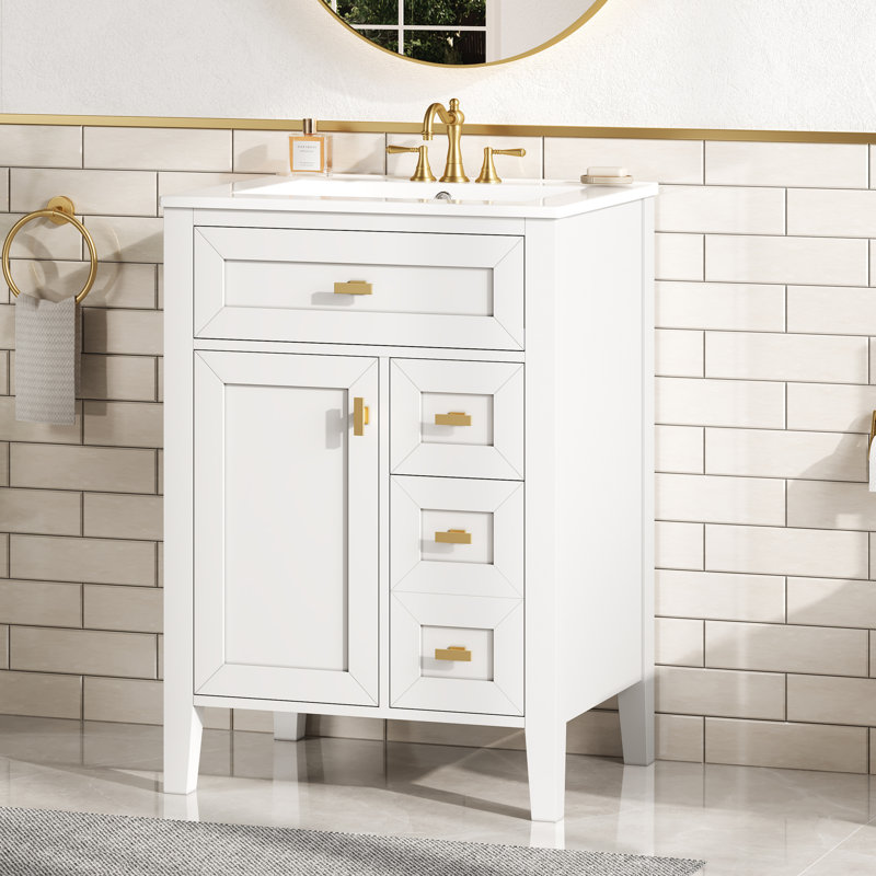 Ensemble de meuble-lavabo moderne 24 po avec lavabo, armoire de rangement en bois d'hévéa massif avec 2 tiroirs et support de porte à 2 niveaux