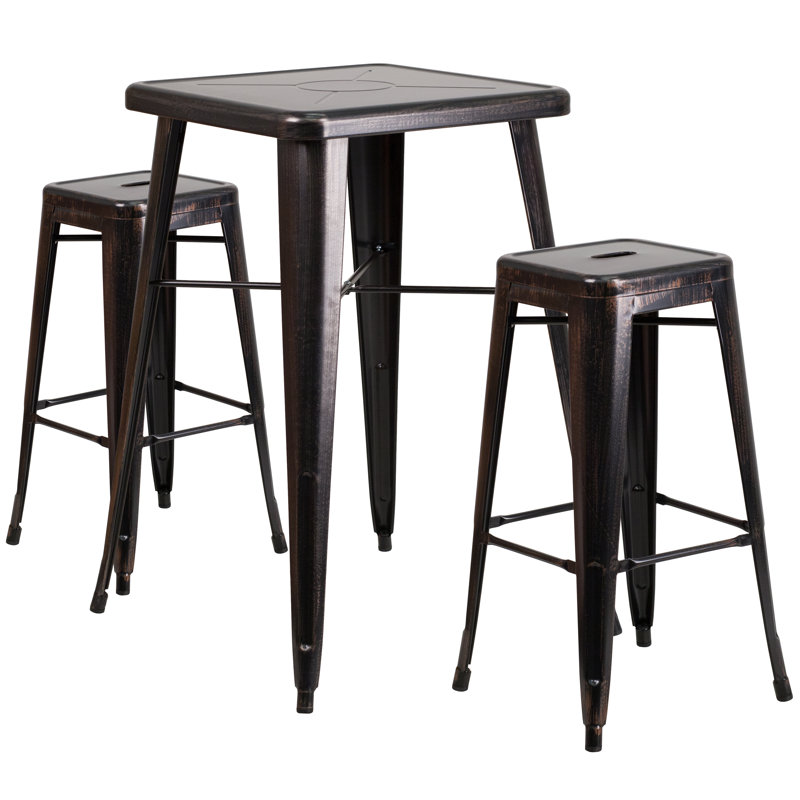 Gyeong 23.75'' Square Metal Indoor-Outdoor Bar Table Set with 2 Square Seat Stools, Black/Antique Gold