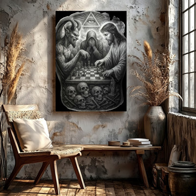 Gothic Devil And Jesus Playing Chess Grim Reaper Skull Canvas Wall Art Print, Coordinated Color Gothic Poster Artwork For Living Room Decor, Gallery Wall Accent, Modern Home Decor