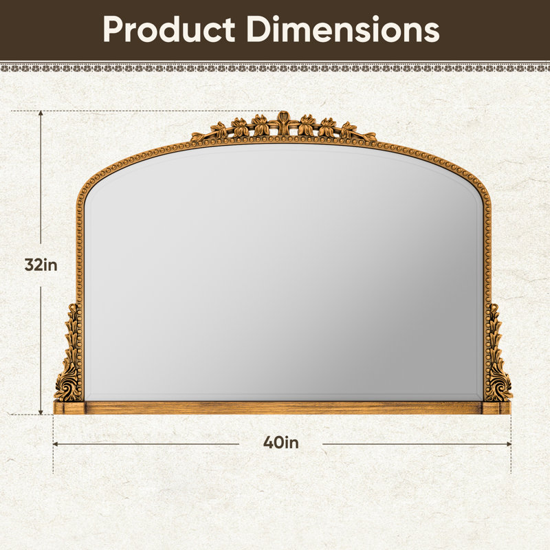 Retro Engraved Bathroom Mirror, Arched Wall Mirror, Gold, 32"×40"