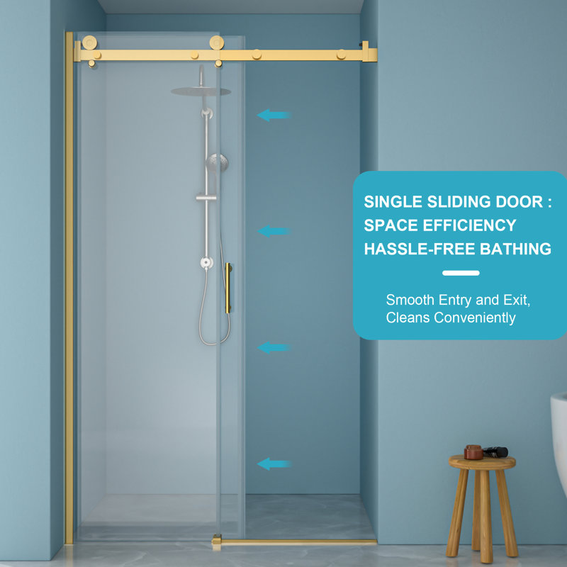 48"W X 76"H Gold Frame Single Shower Door, 8Mm Tempered Glass, Reversible Right/Left Installation, Space, Brushed Gold
