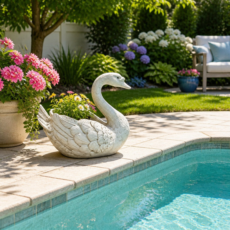 Statue de cygne blanc en résine, pot de fleurs décoratif pour jardin, bassin, terrasse, pelouse, cour arrière, ornement de jardin, décoration de point d'eau avec texture de plumes détaillée