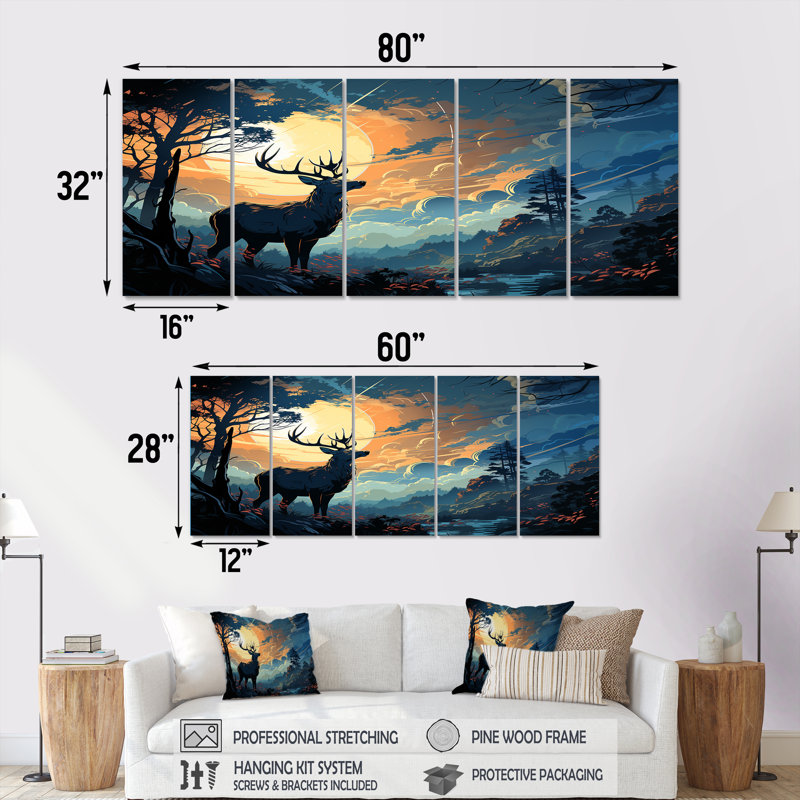 «Deer Sunset Landscape In Canada II - Deer Landscape», ensemble d'art mural 5 pièces, H 28 po x l 60 po