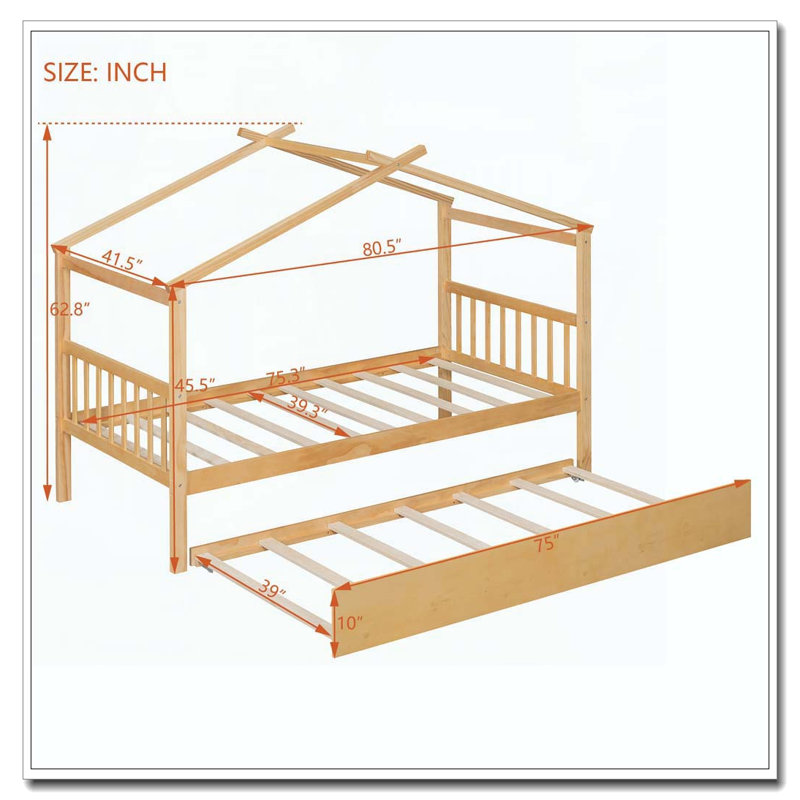 Lit en bois avec lit gigogne simple, Naturel