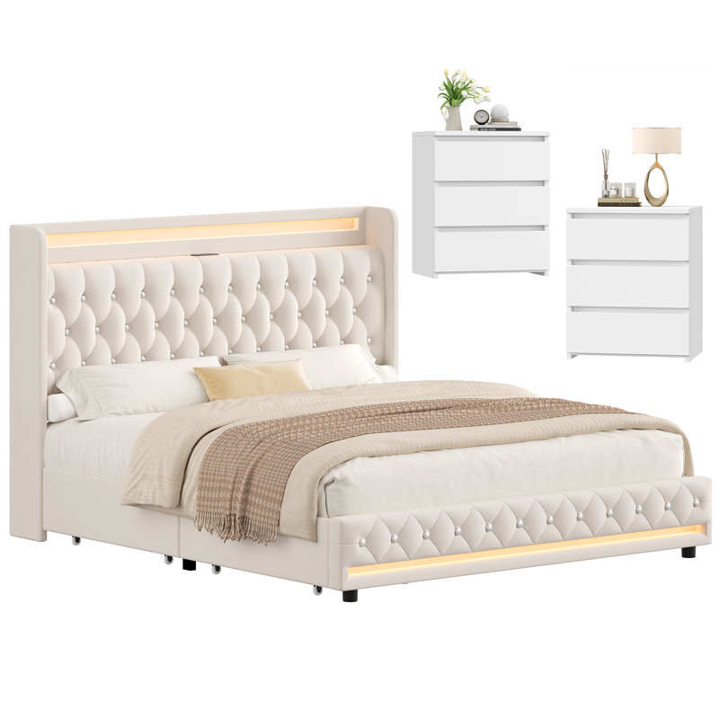 3-Piece Modern Elegant Bedroom Sets With Velvet Bed & Two Storage Nightstands, Beige, Queen