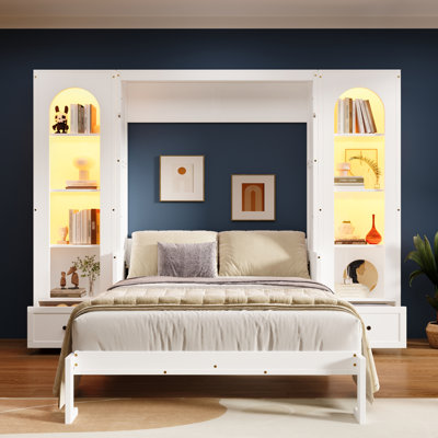 Queen Size Murphy Wall Bed with Side Cabinets, Shelves, Drawers & LED Lighting for Space-Saving Storage, White