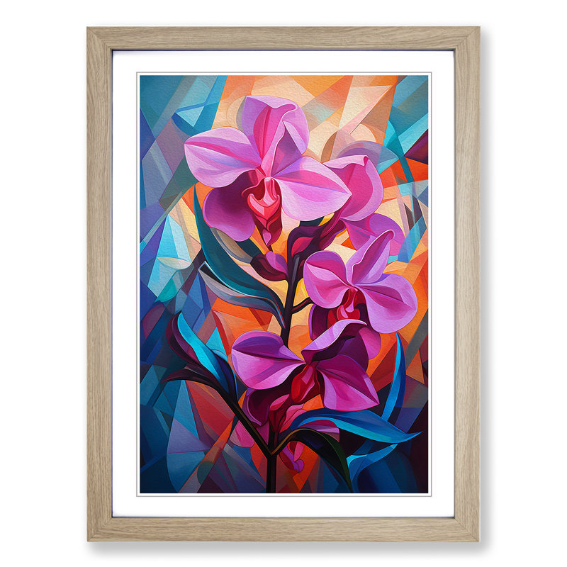 Orchid Flower Cubism - Single Picture Frame Print on Wood, 46cm H x 34cm W x 2cm D, Oak Framed