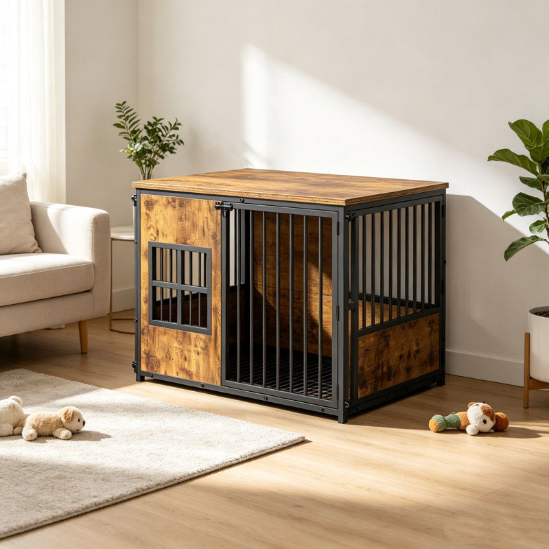 Cage en bois pour chien, grand chenil avec rangement intégré, cage d'intérieur pour salon ou chambre, maison pour animaux multifonctionnelle en bois avec cachette.