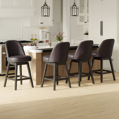 Vintage Upholstered Swivel Bar Stool with Solid Wood Legs