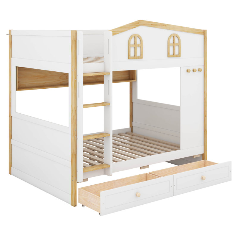 Lit superposé House avec tiroirs et tablettes de rangement, cadre de lit superposé en bois avec garde-corps et échelle en forme de maison