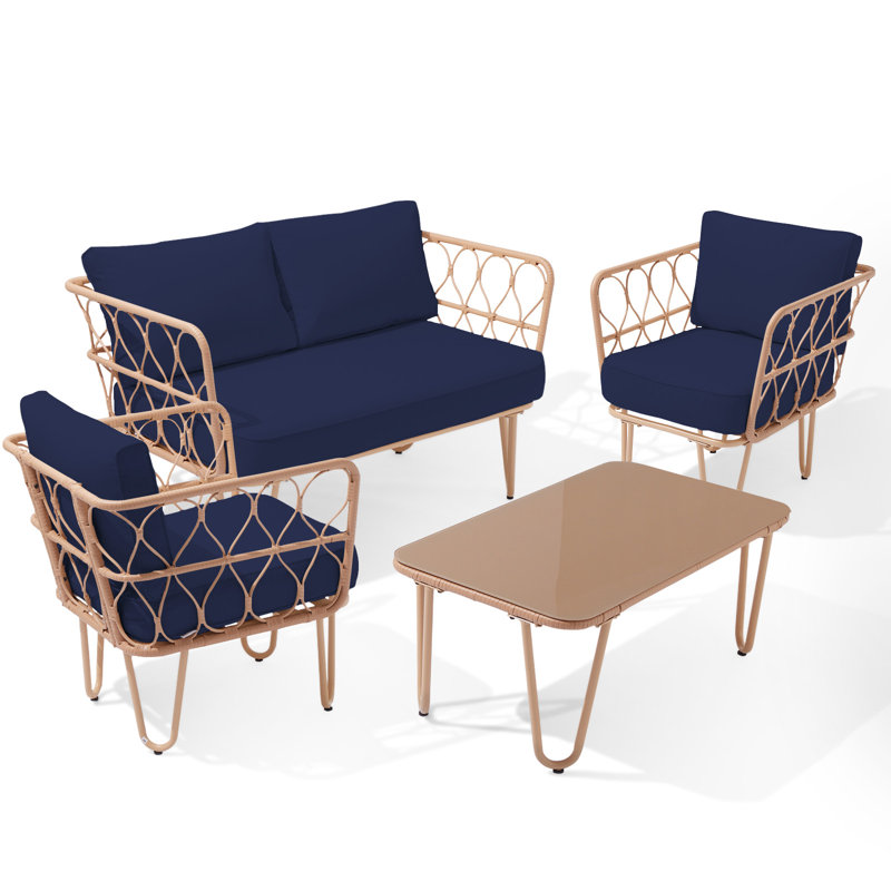 Ensemble de conversation d'extérieur pour 4 personnes avec coussins Shandy, Bleu marine