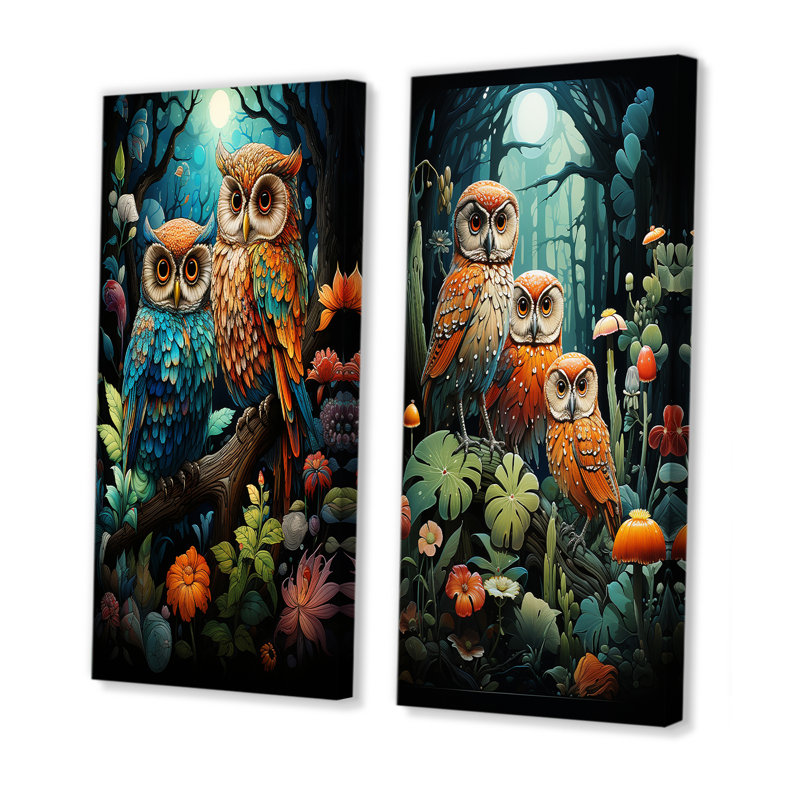 Native Owls - Gardiens de la forêt - Ensemble de 2 décorations murales animaux hiboux, H 28 po x l 25 po, Toile tendue