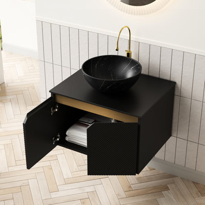 24" Floating Bathroom Vanity & Sink, Black Sintered Stone Countertop, Bowl Ceramic Vessel Basin, Twill Double Doors With Metal Trim, Soft Close Damper, , Excellent Scratch Resistance Vanity, Basin