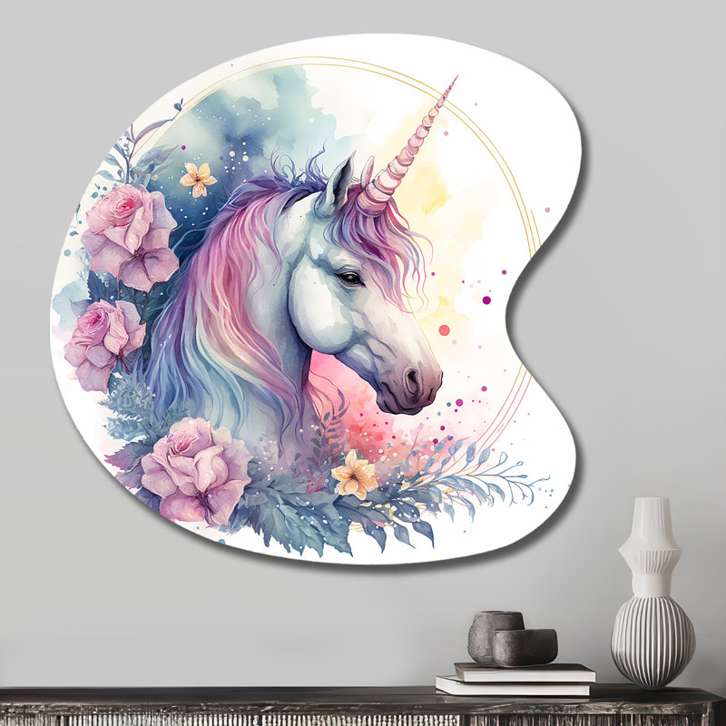 Mignonne licorne pastel entourée de fleurs III - animaux, forme de cheval, art mural asymétrique en métal, H 27 po x l 27 po