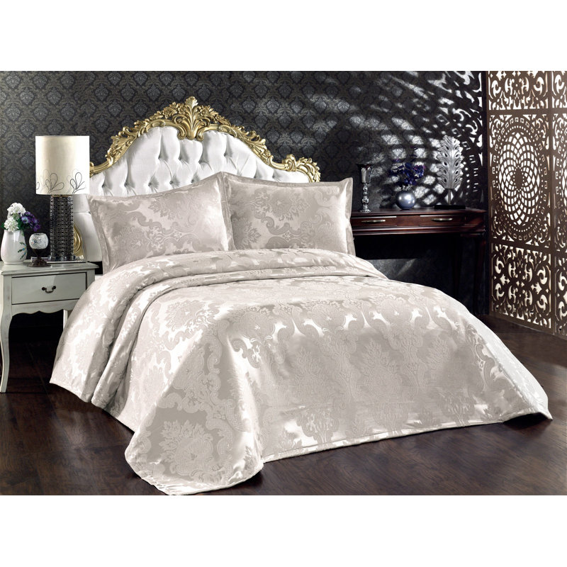 Medora Cotton Damask Bedspread with Pillowcases, Cream